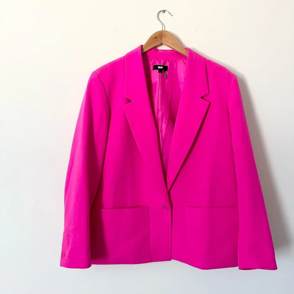DKNY Hot Pink Blazer Jacket Single Button Stretch Size L - Picture 1 of 9